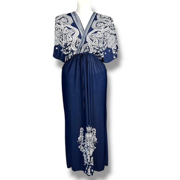 Just Love Womens Kaftan Dress Empire Waist Maxi Floral Print Blue White XL - Picture 1 of 11